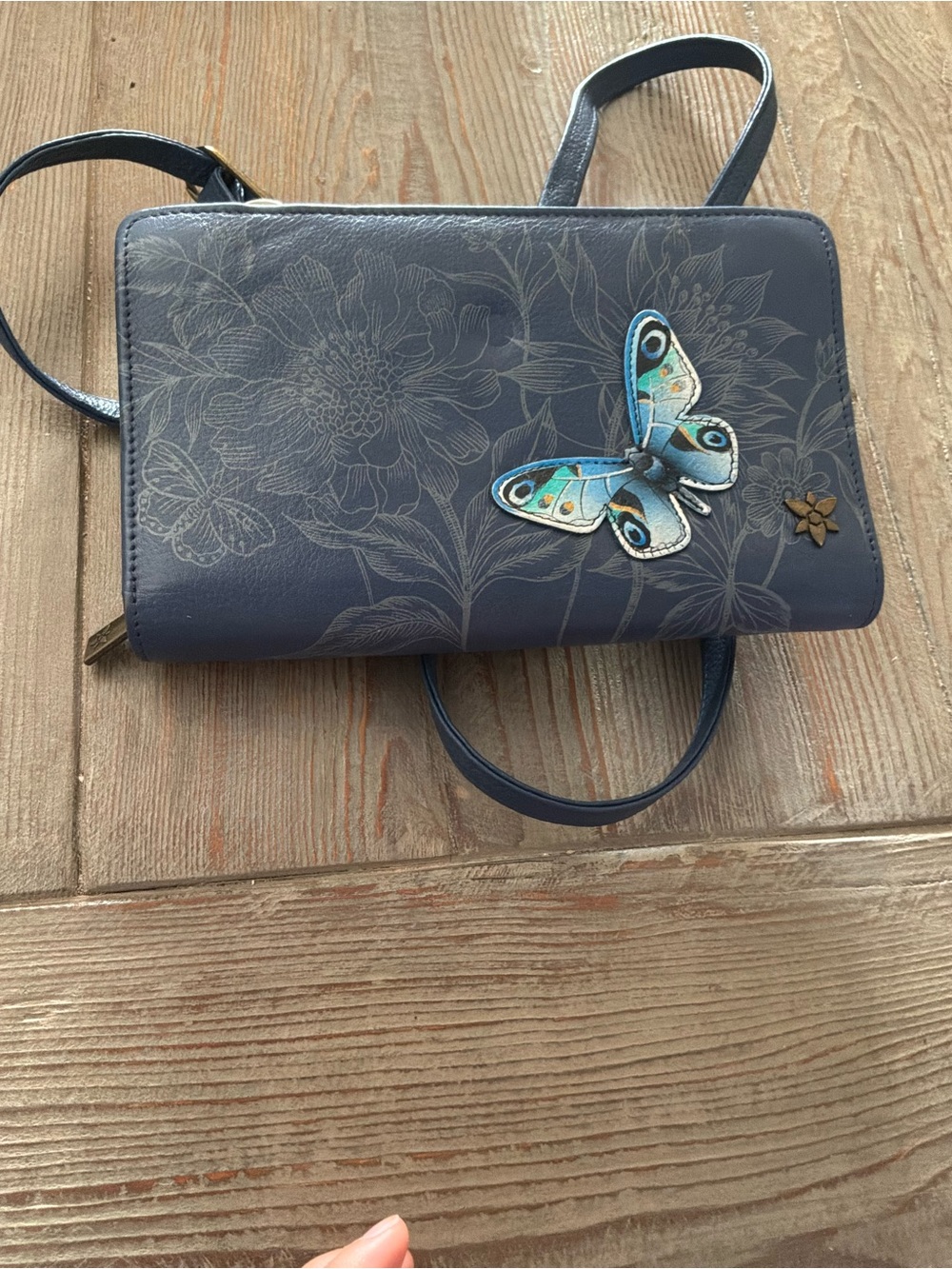 Anuschka Navy Crossbody with Blue Butterfly Accent